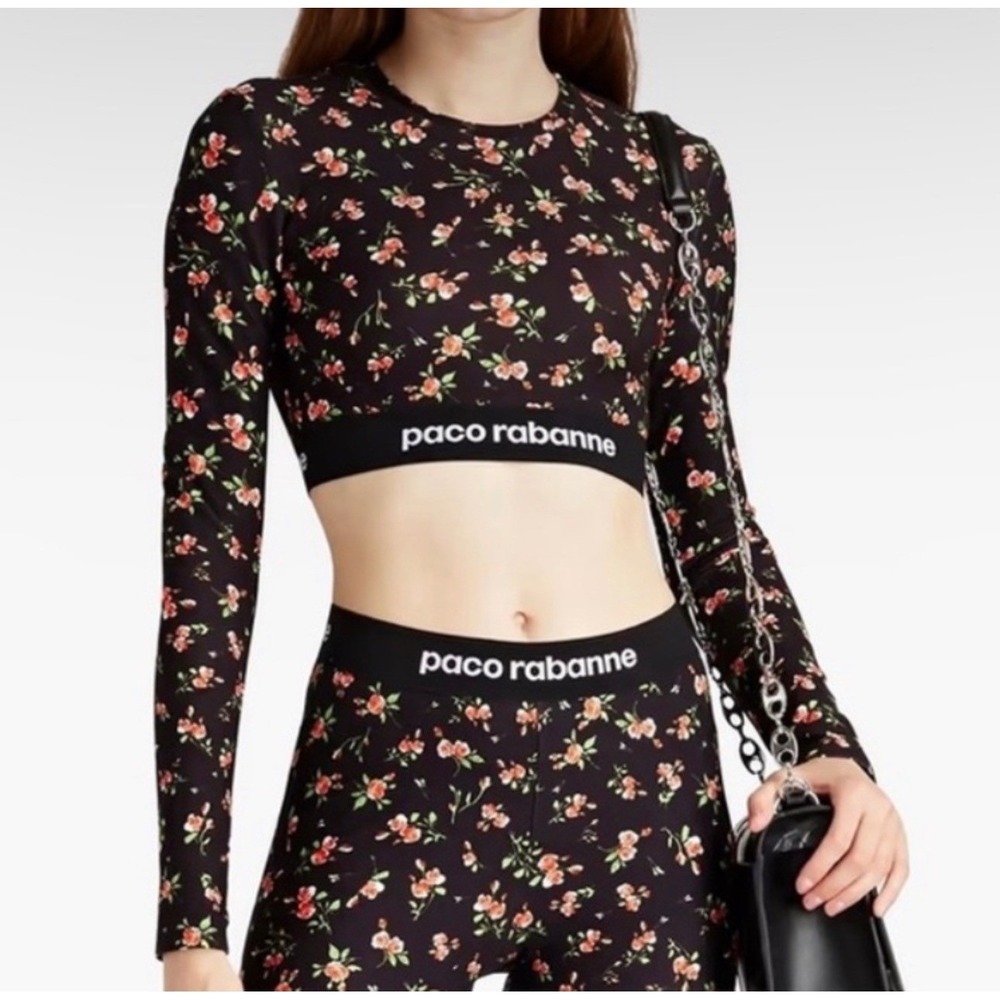 Paco Rabanne Black Floral Rose Logo Tape Long Sleeve Active Crop Top Large NWT